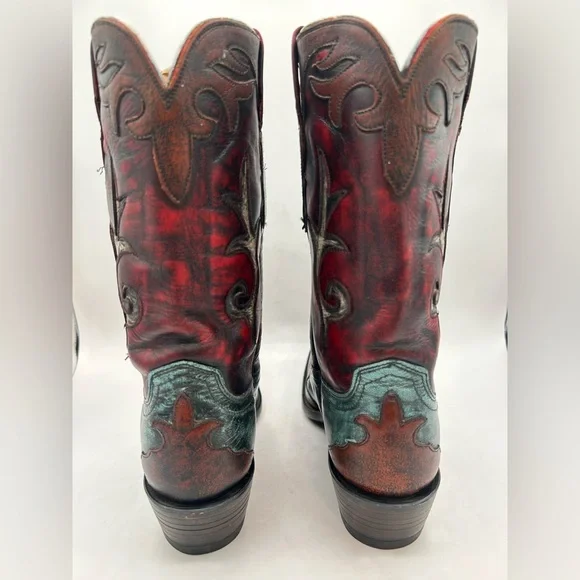 Lucchese Women’s Western Cowboy Boots Red Teal & Brown Distressed Leather Size 7 - Picture 12 of 17